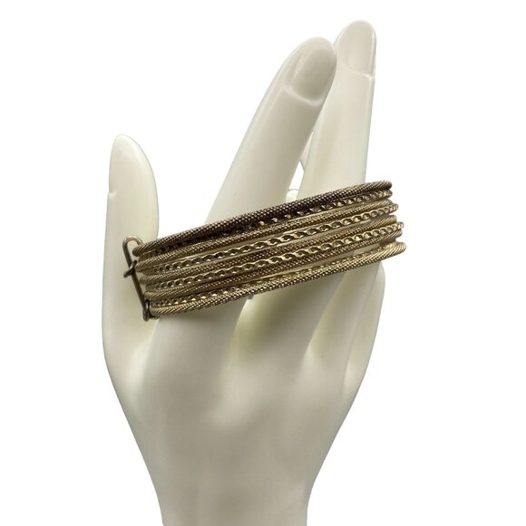 Vintage Brass Stacked Bangles Bracelet, 9 Joined Engraved Thin Bangles, Textured - Picture 1 of 5